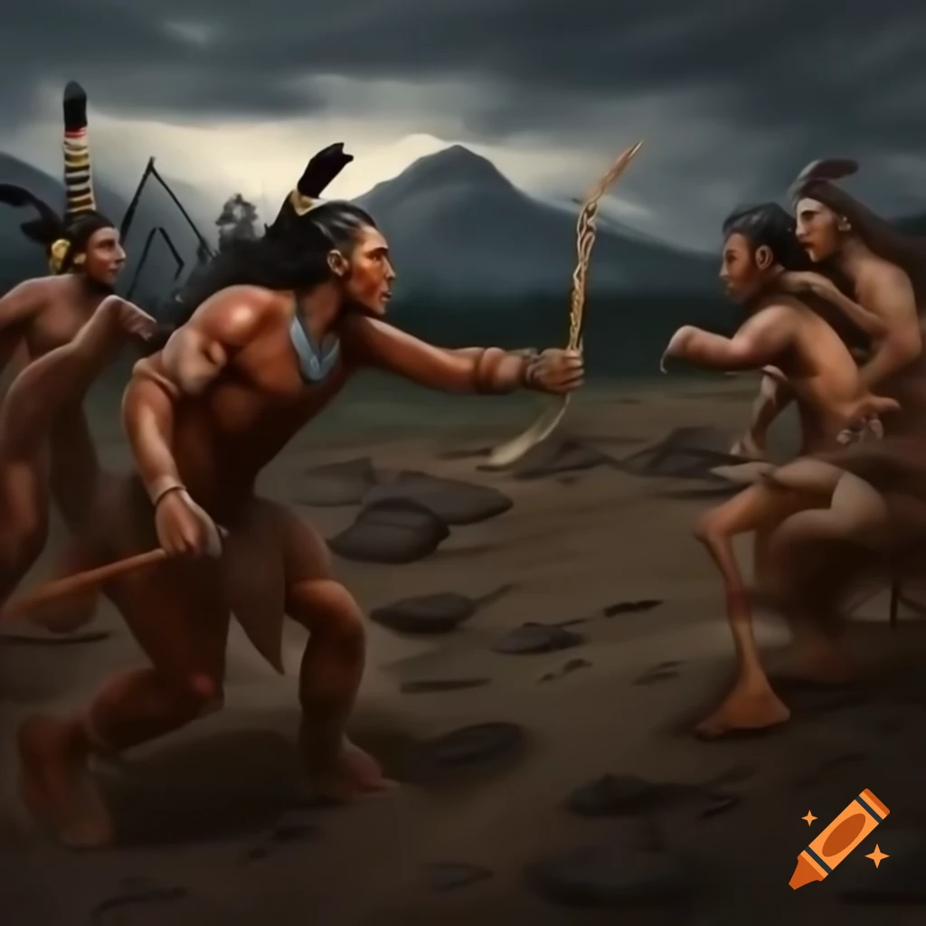 Battle scene featuring Native American warriors in traditional attire facing Neanderthals