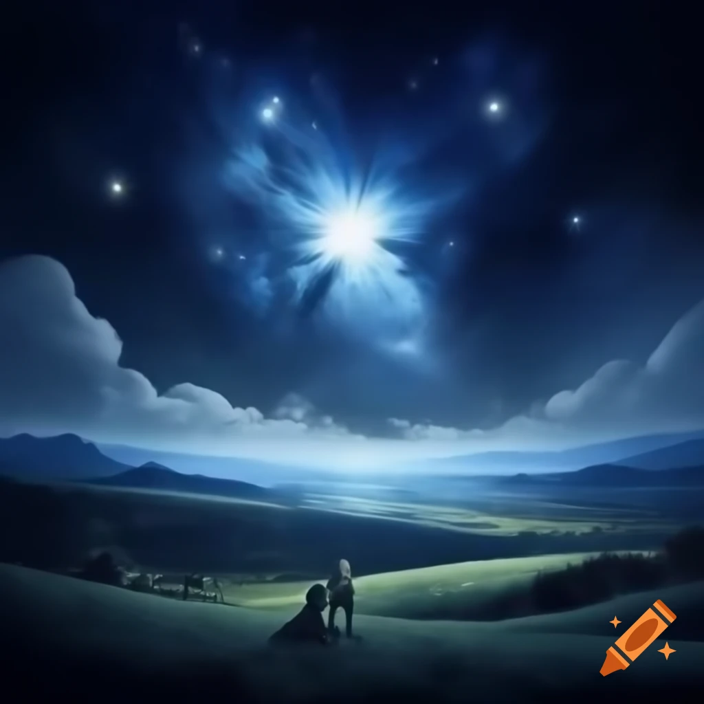 Starry night scene with bright star shepherds and rolling hills on