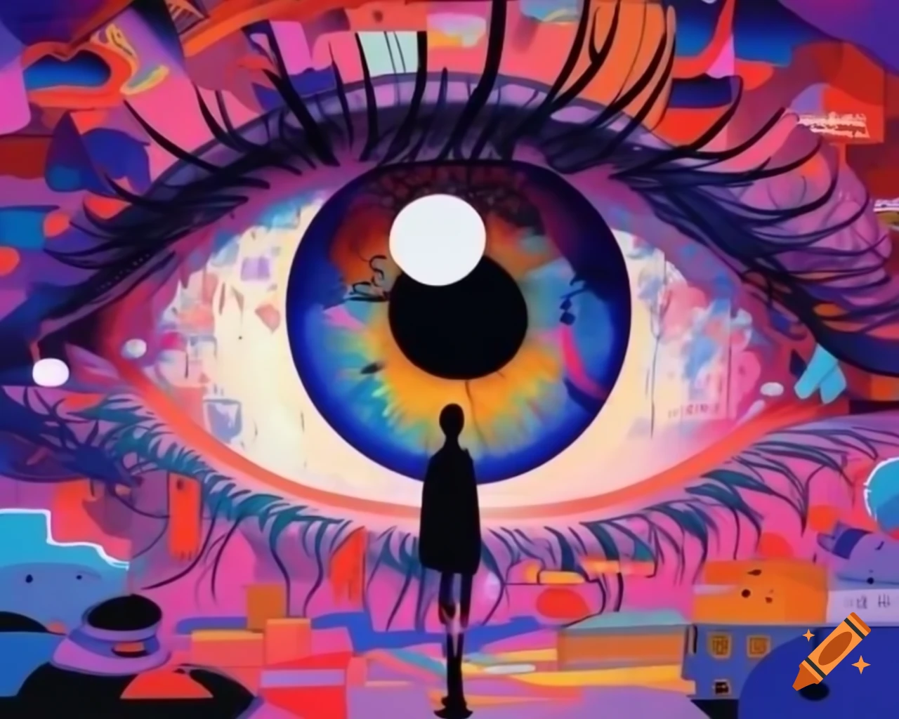 Surreal illustration of a large eye with collage elements