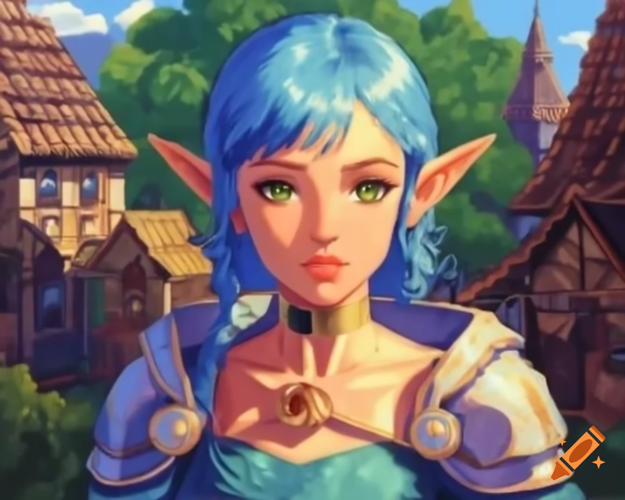 Blue-haired demi-elf portrait in nomad village, retro impressionist pixel art