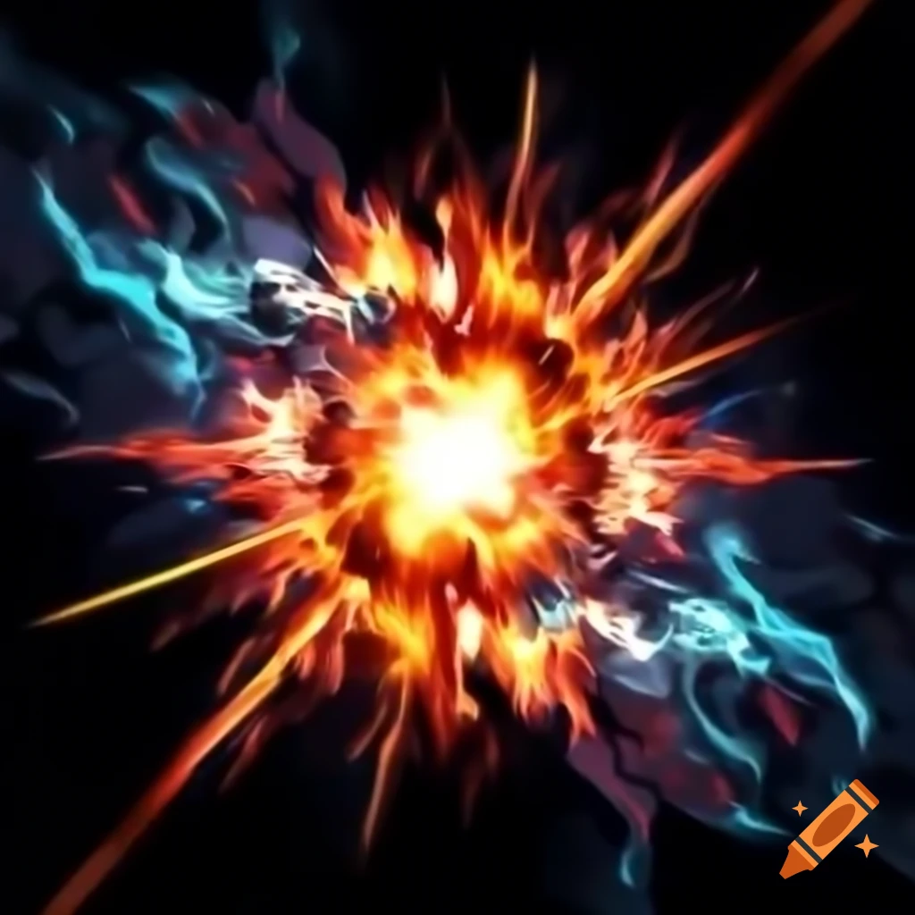 Gigantic energy flame explosion with luminous flames and sparks on black background