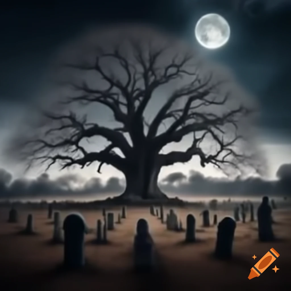 Bare Spanish oak tree over graveyard illuminated by full moon