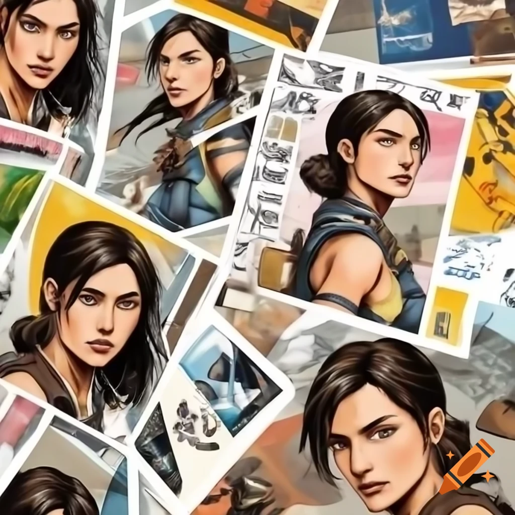 Full body art of Lara Croft with a collage background of magazines and prints