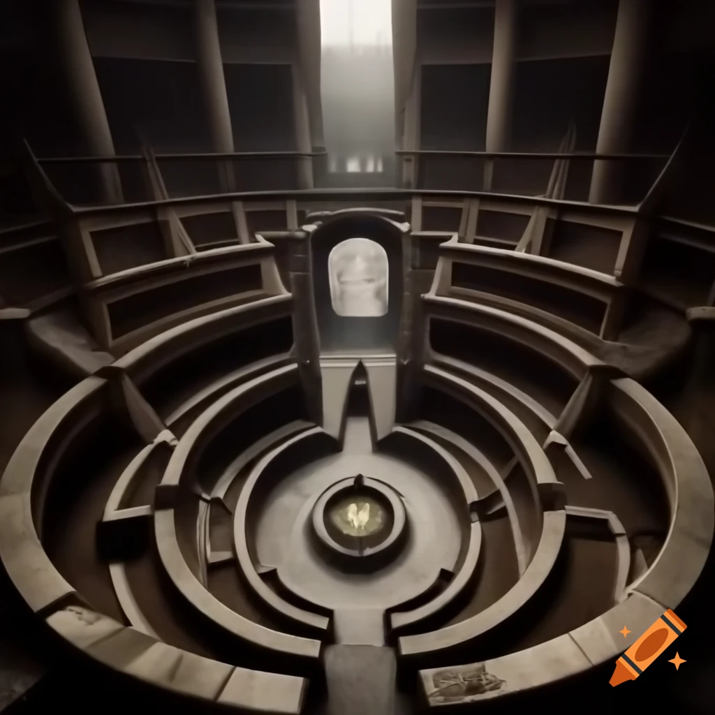 Ancient prestigious building with labyrinth and crypted book