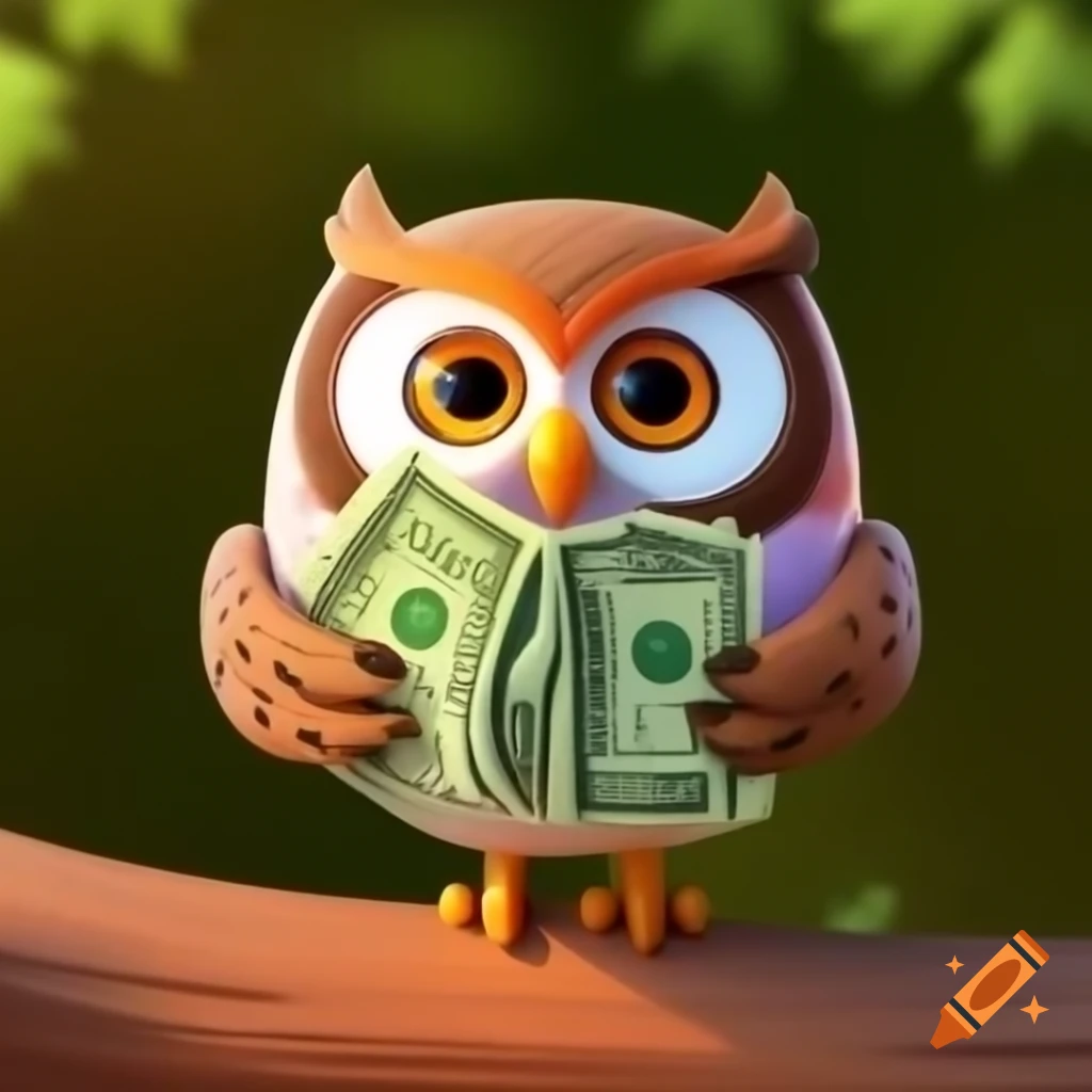 Owl holding money, symbolizing wisdom and finance