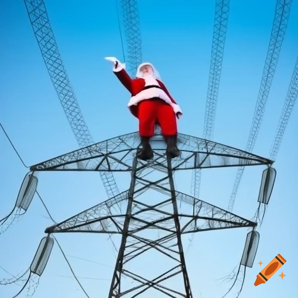Santa Claus atop an electricity pylon