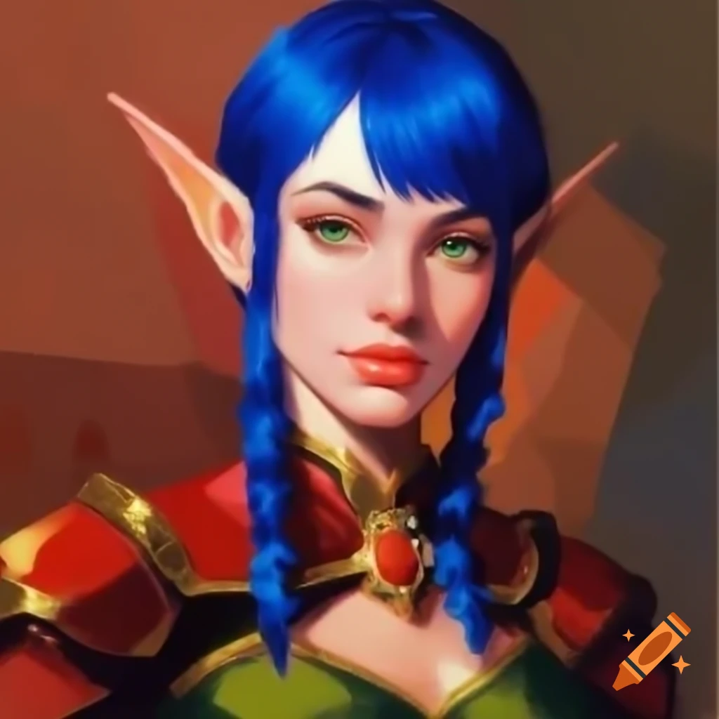Pixel art portrait of blue-haired demi-elf in nomad village, retro impressionist style