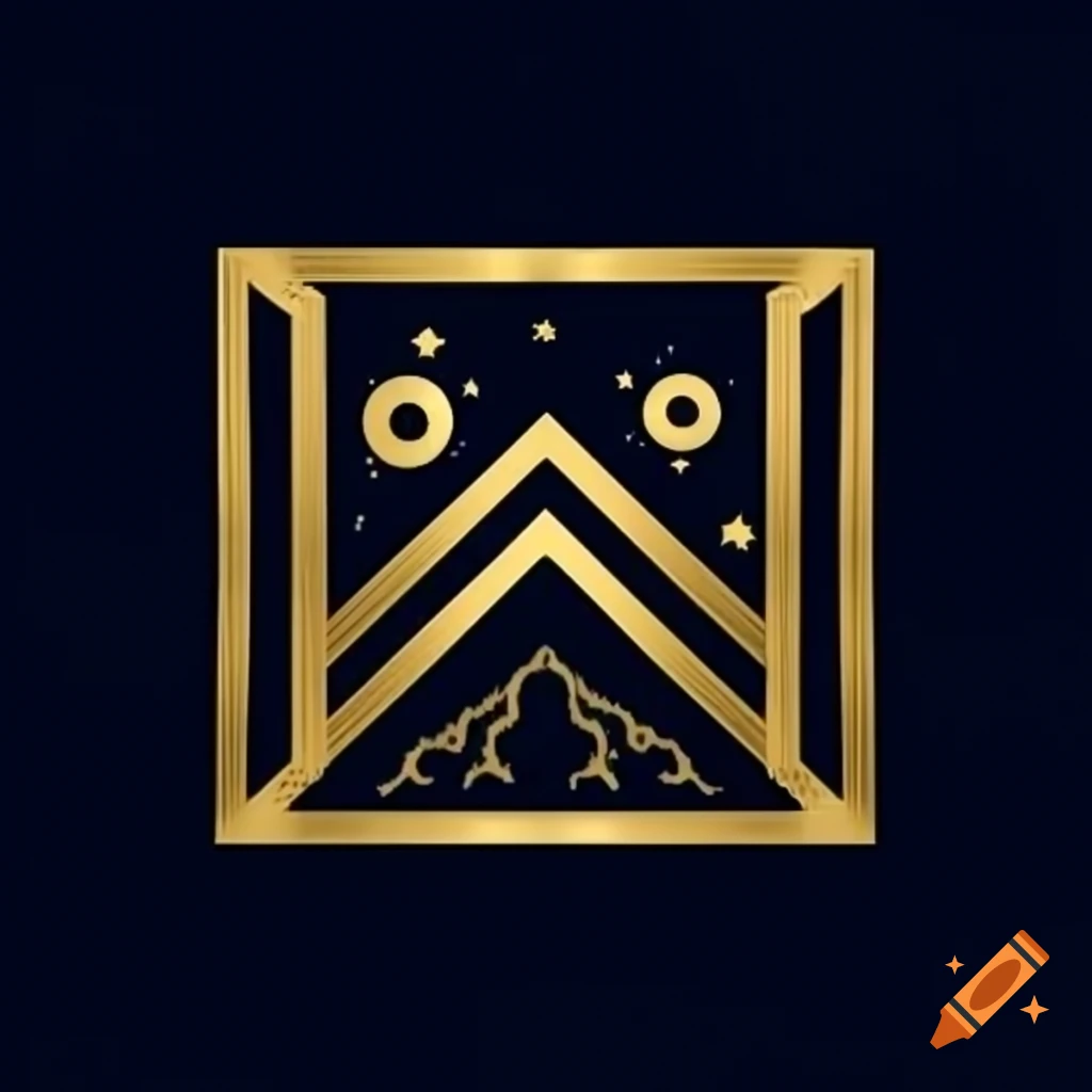 Gold geometric frame breaking into mountain peaks and city landscapes