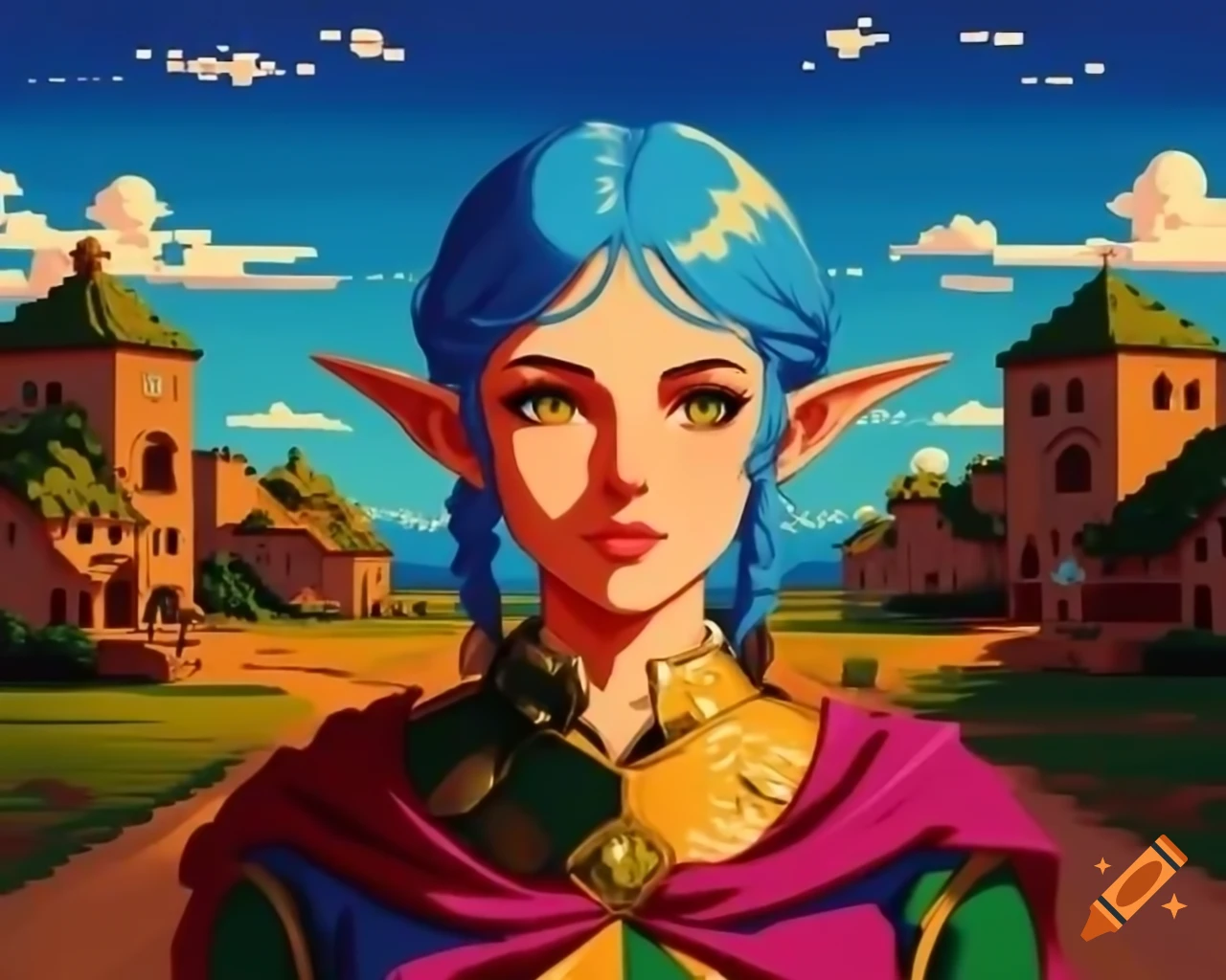 Retro impressionist pixelart portrait of blue-haired demi-elf in nomad village
