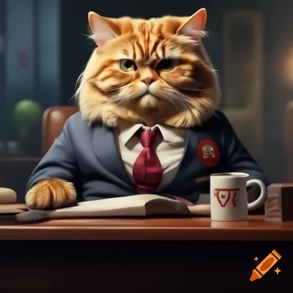 Cartoon cat in business suit at desk with World's Best Boss mug