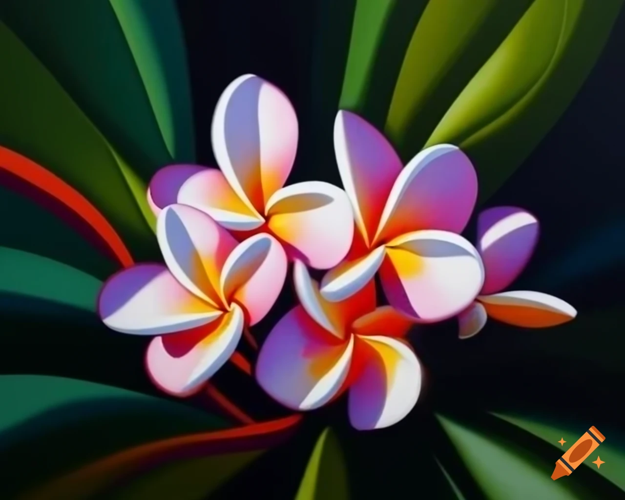 Delicate tiara crafted from colorful frangipani flowers in storybook style