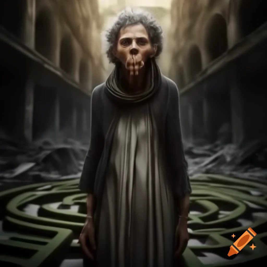 Finnish woman in labyrinthine ruined city
