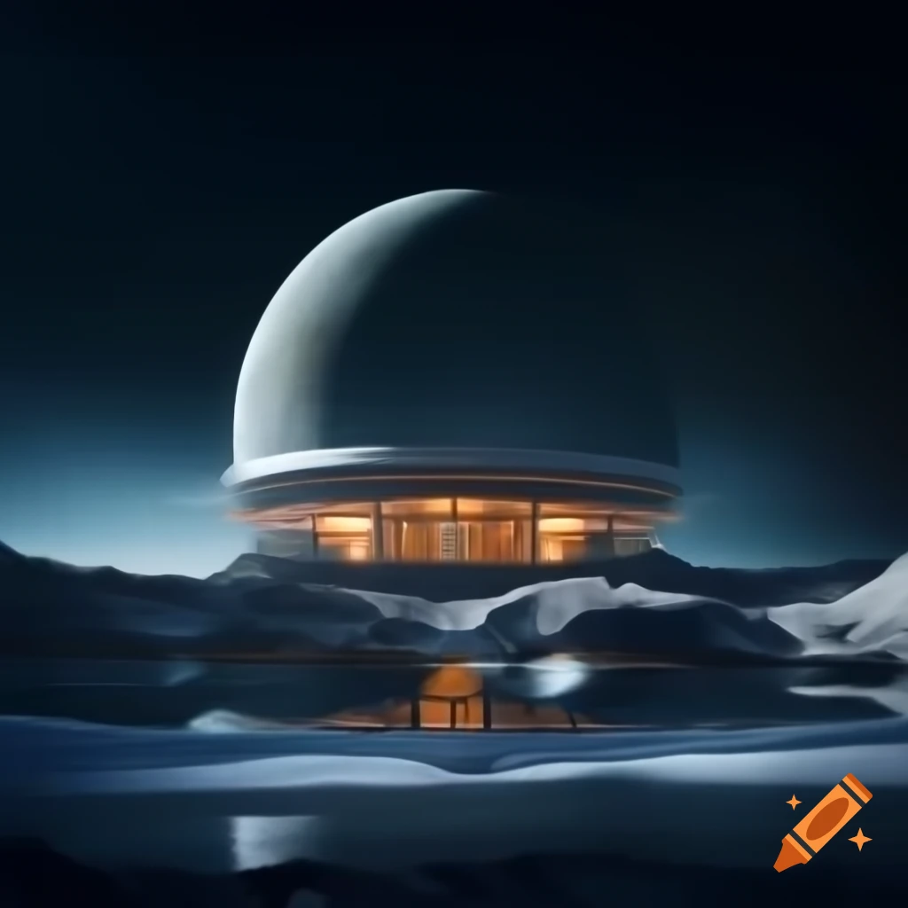 Futuristic architecture house on Titan with icy terrain and methane lakes