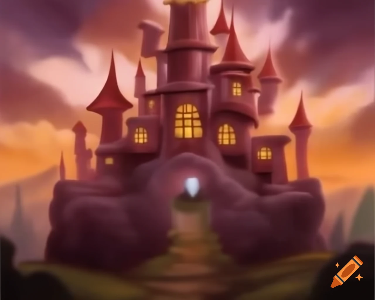 Fairy castle in maroon, gold, and white storybook style