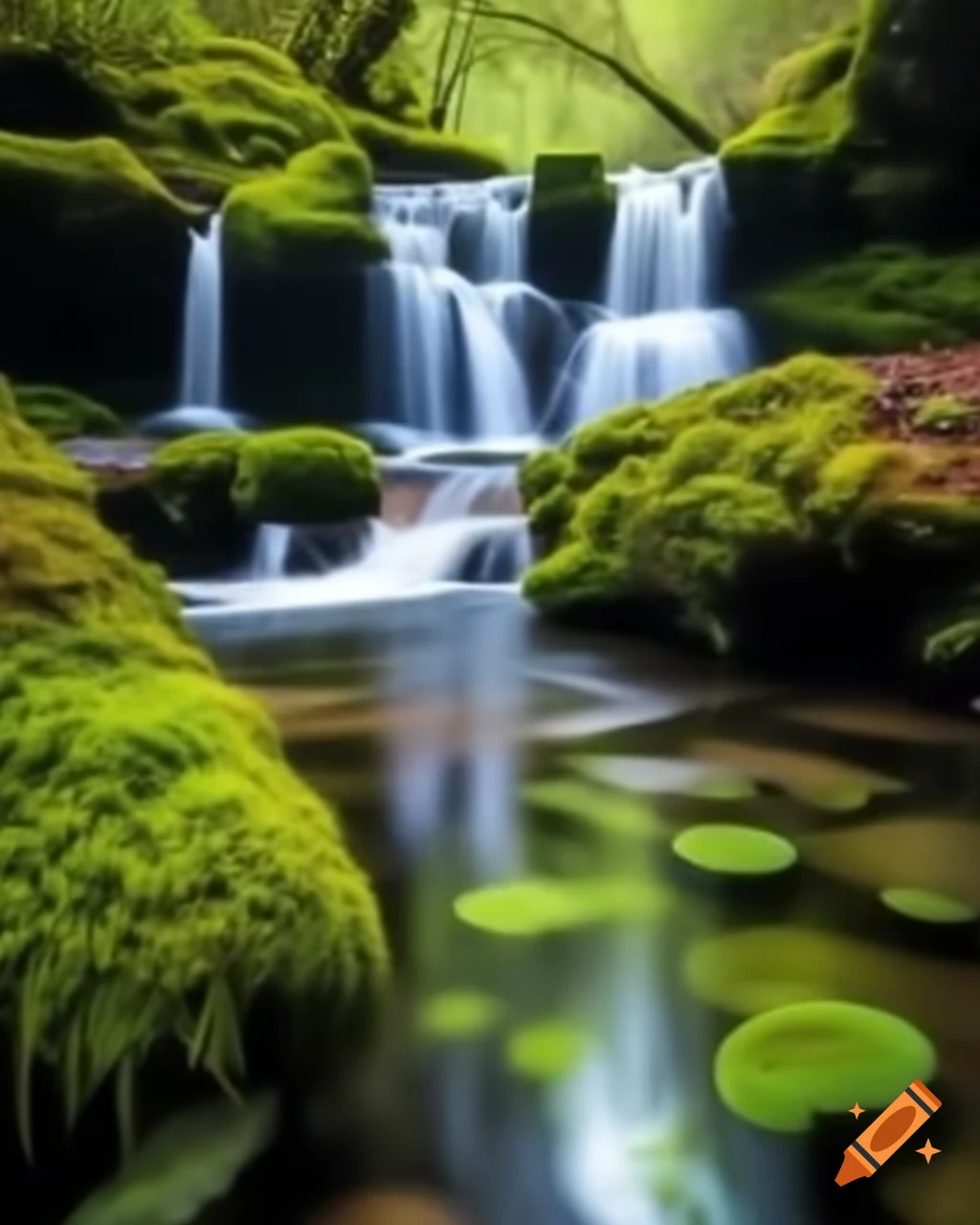 Mossy river with waterfall and hyper-detailed reflections, moss, and mushrooms
