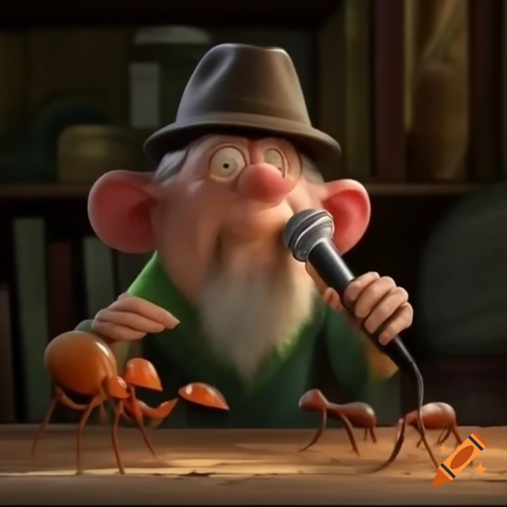 Angry grandpa singing into a microphone about ants in his house