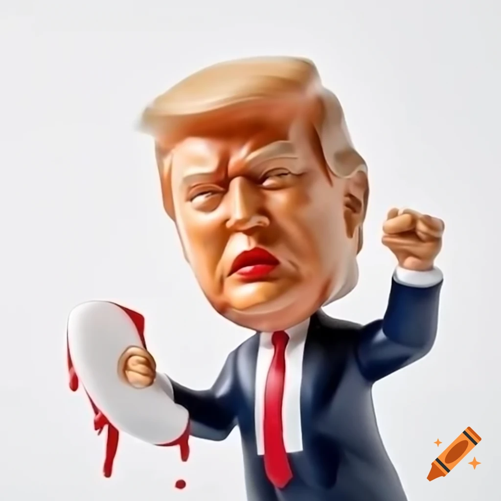 Satirical bobblehead of an angry figure with bloody streaks and gauze covering ear
