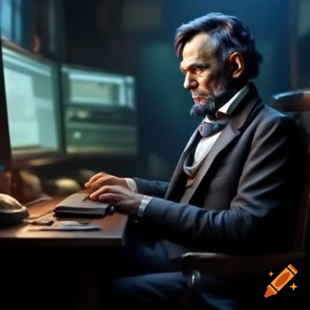 Abraham Lincoln using a computer to play Call of Duty