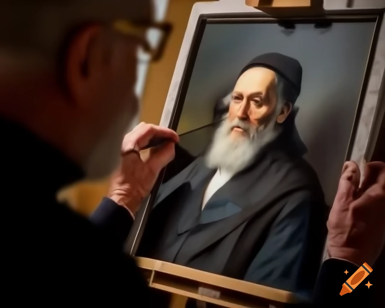 Old man creating self-portrait on canvas