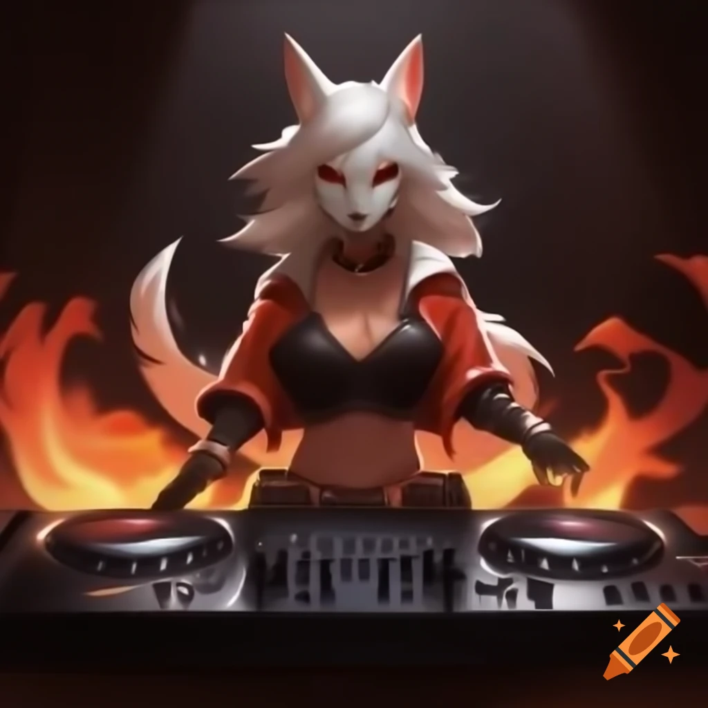 Female DJ character art with kitsune mask and flame pattern jacket