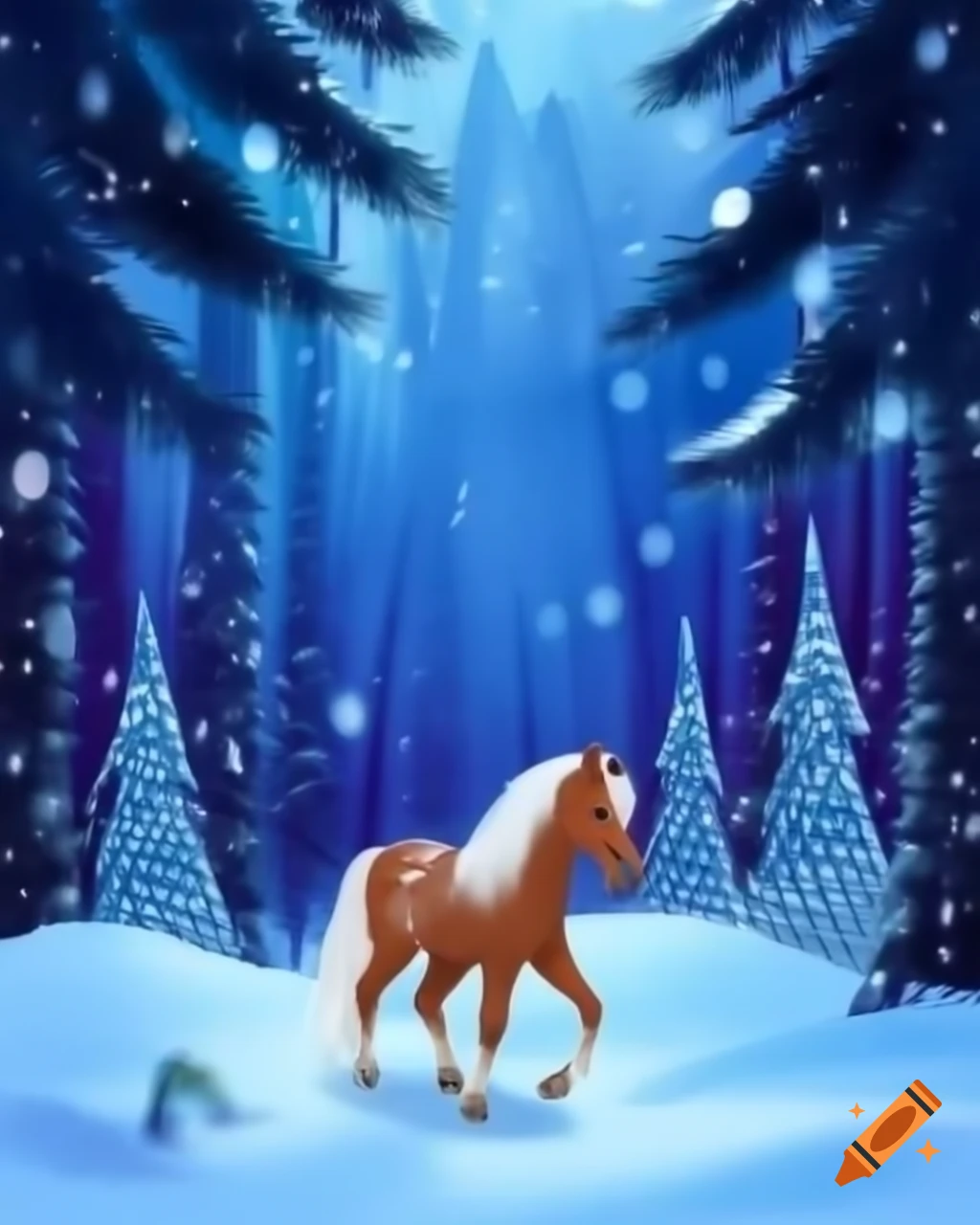 Enchanting Christmas forest in snowstorm with foal and mountains at night