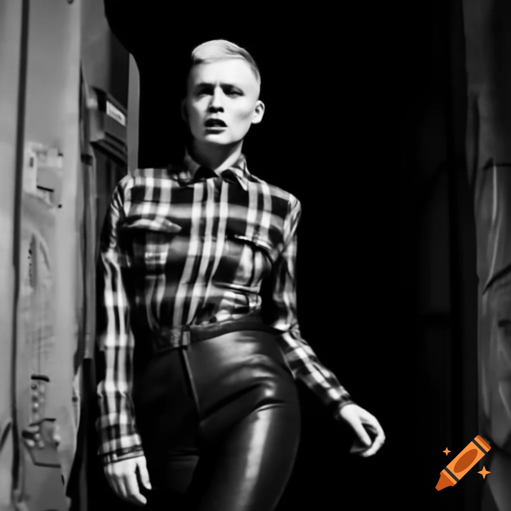 Punk rocker with mohawk hairstyle in plaid shirt and leather trousers peeking through
