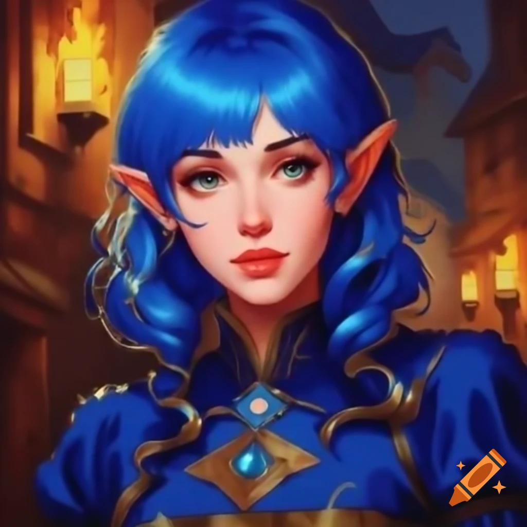 Retro pixel art portrait of blue-haired demi-elf in nomad village, impressionist style