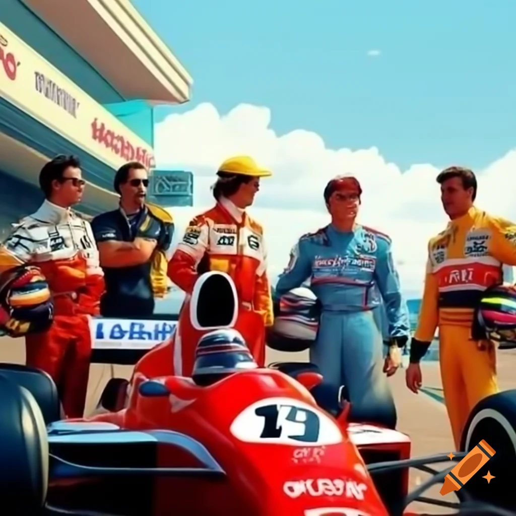 Retro movie poster featuring thrilling Formula 1 race scene