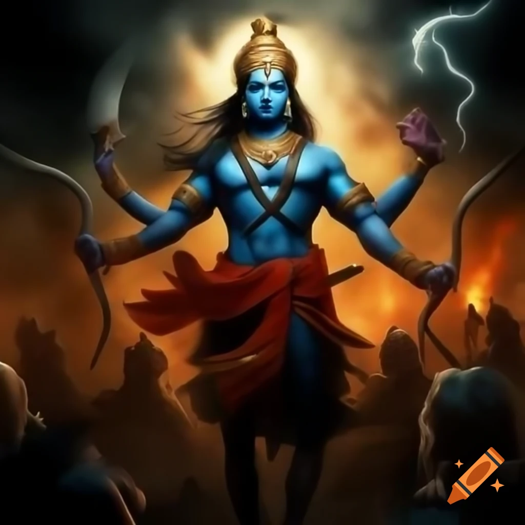 Epic battlefield from ramayana featuring lord ram in warrior attire and ...