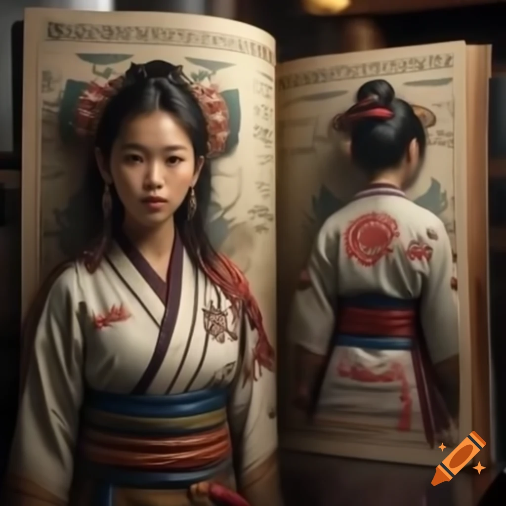 Artbook featuring character designs of young female warrior in karate kimono with Maya art inspiration