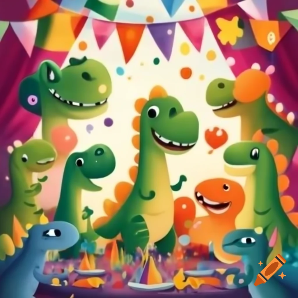 Colorful dinosaurs celebrating a birthday party