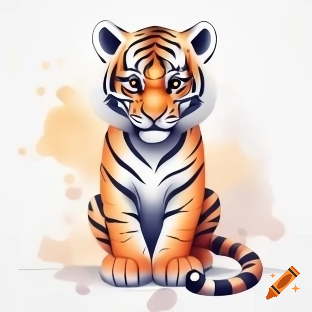 Cartoon front view of a tiger on a white background, watercolor style