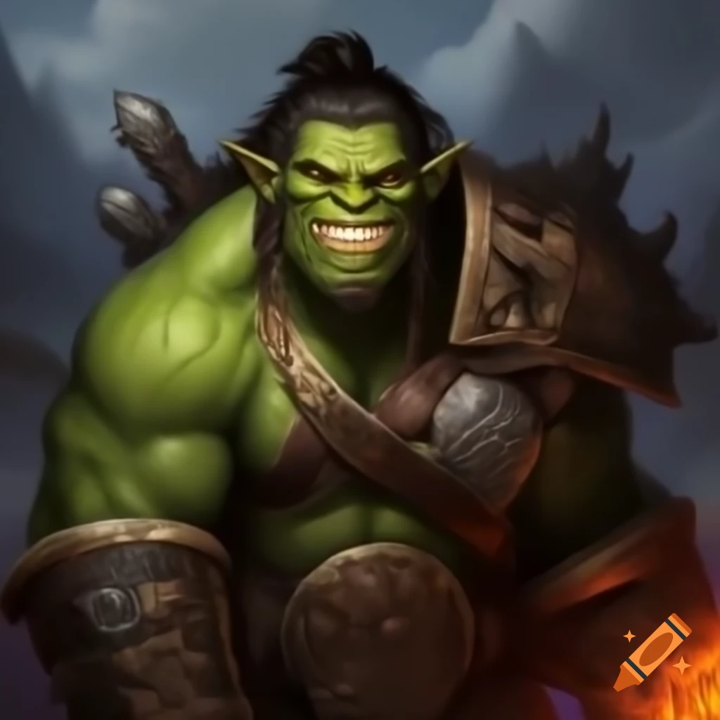 Face portrait of youthful male half-orc with greenish-gray skin and fiery orange eyes