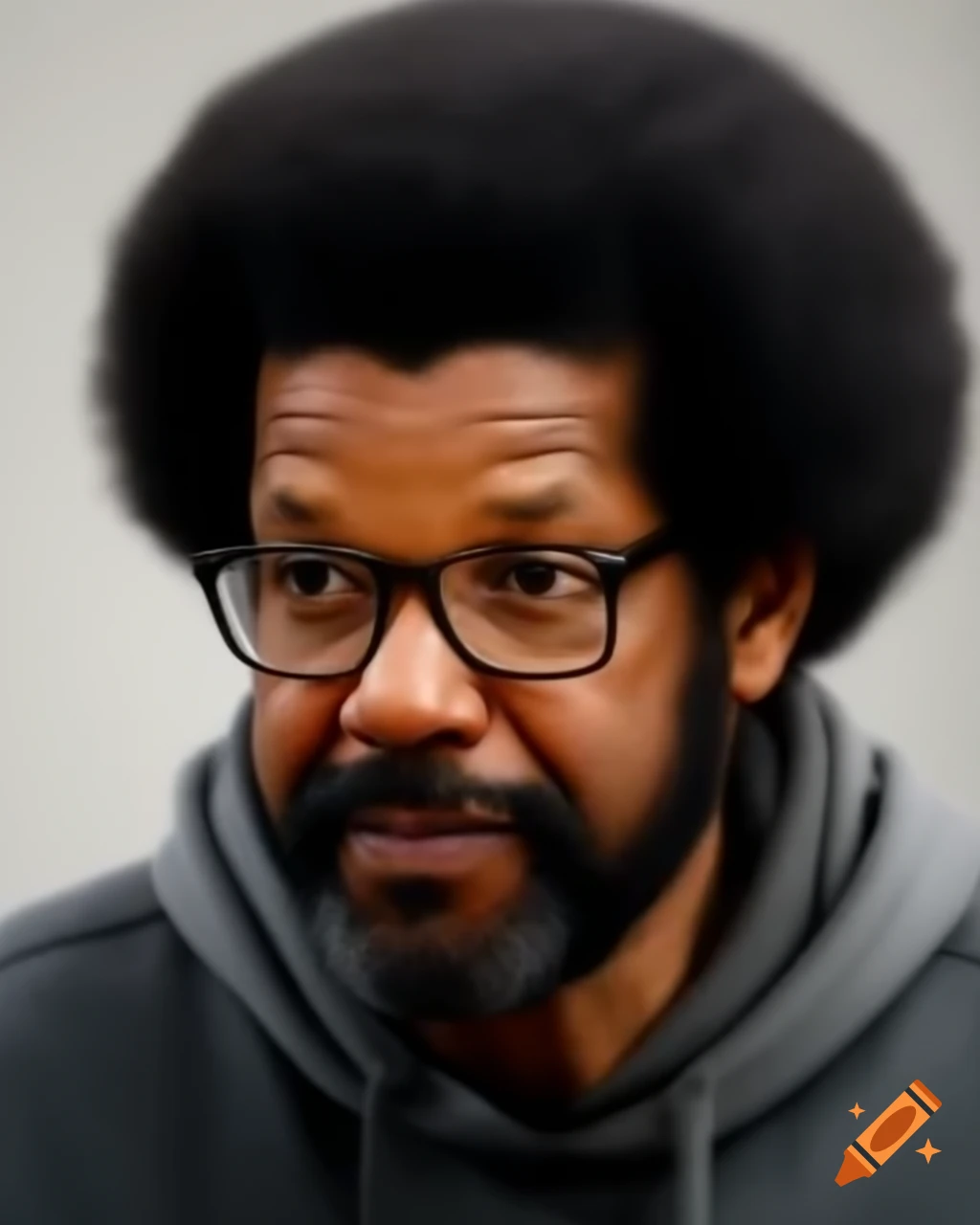 Denzel Washington with afro, moustache, beard, and glasses in gray hood
