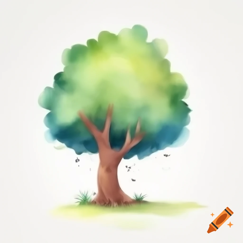 Cartoon-style watercolor tree against white background
