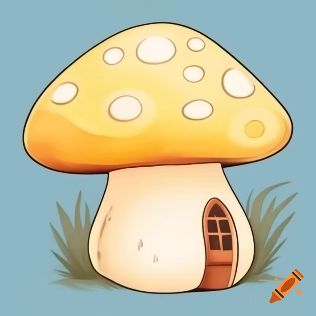 Watercolor mushroom house in mustard and brown storybook style