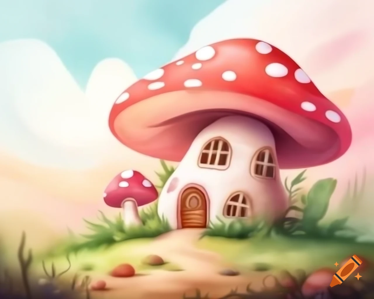 Watercolor mushroom house in soft pink and brown storybook style