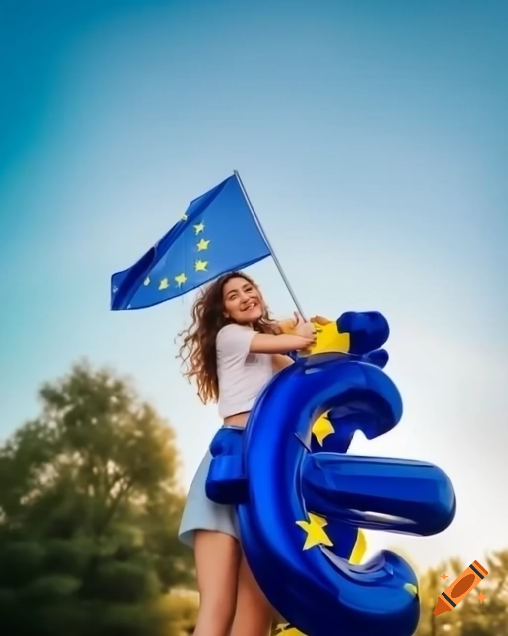 Young woman happily hugging EU flag balloon in sunlight, photorealistic portrait
