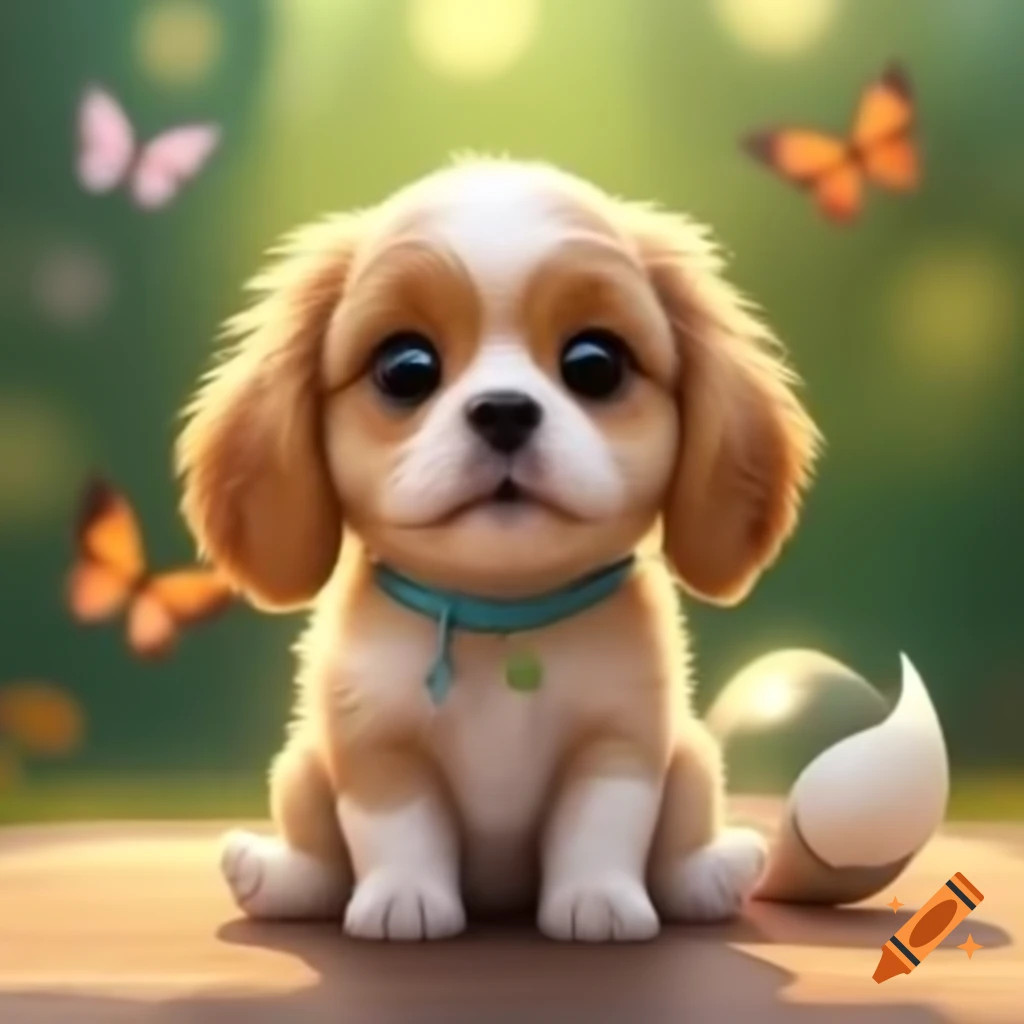 Fluffy puppy with happy eyes sitting next to playful ball, surrounded by flowers and butterflies