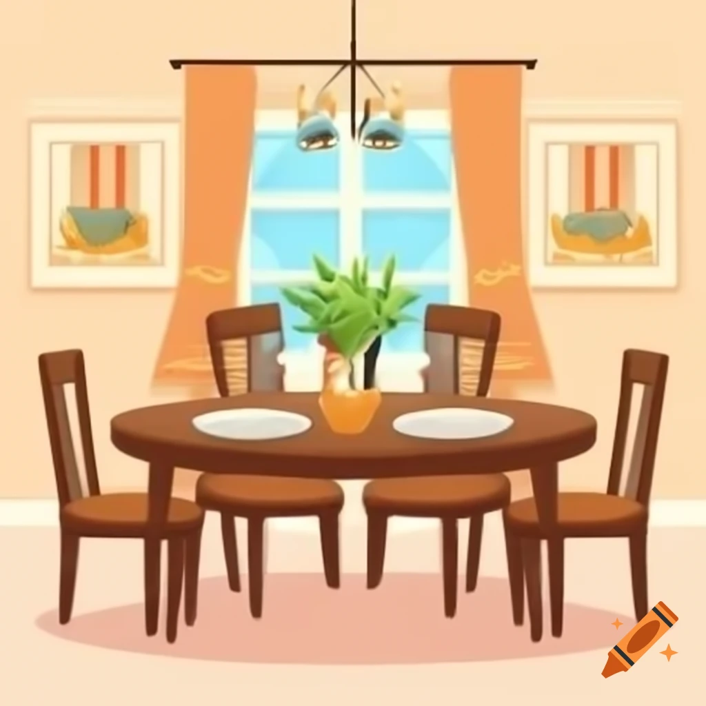 Cartoon dining room featuring round table with four chairs
