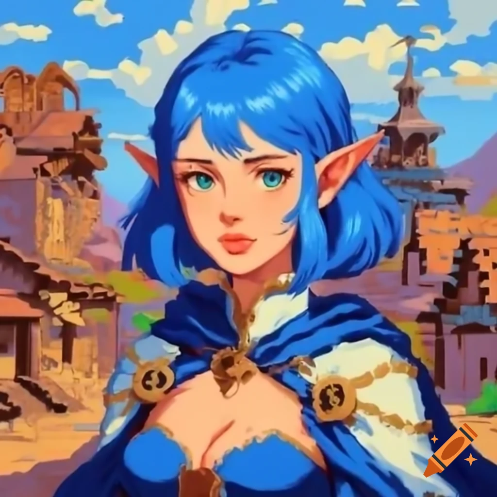 Retro impressionist pixelart portrait of blue-haired demi-elf in nomad village