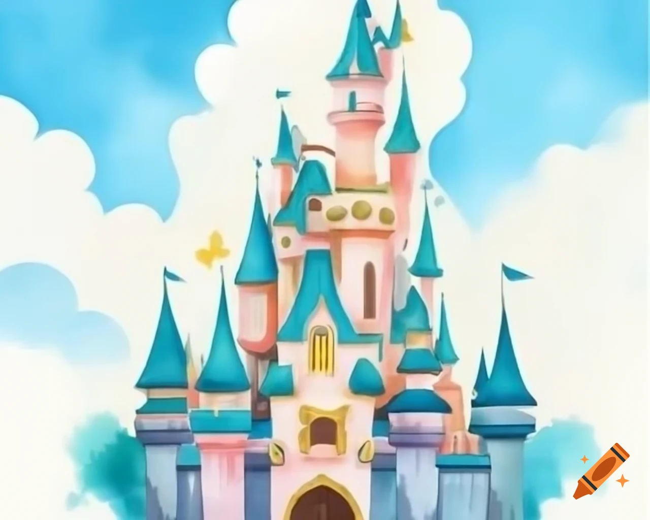 Watercolor fairy castle in aqua, white, and gold storybook style
