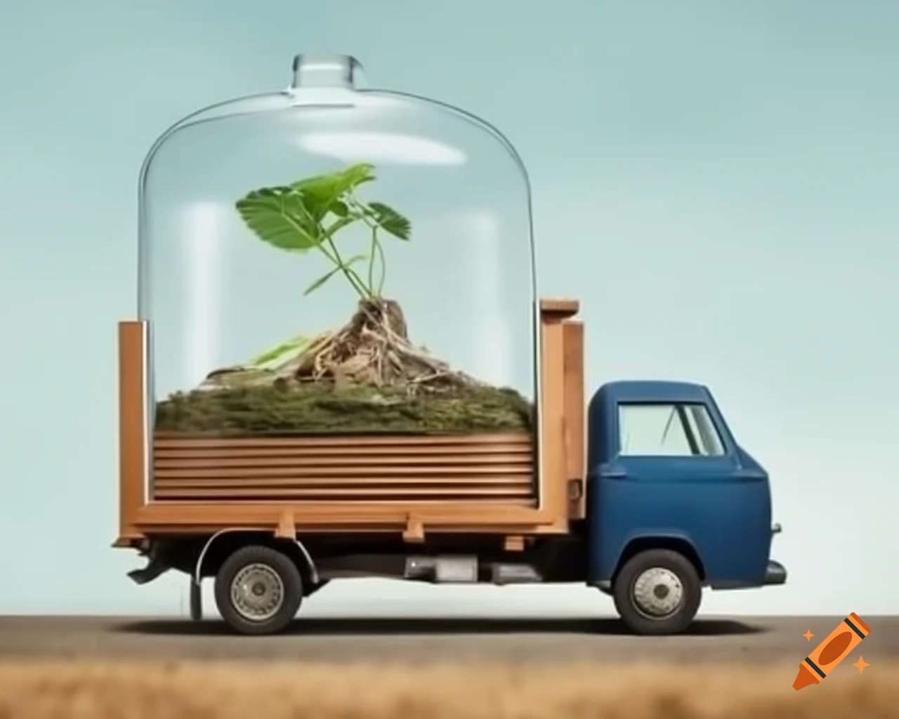 Truck carrying giant terrarium on top