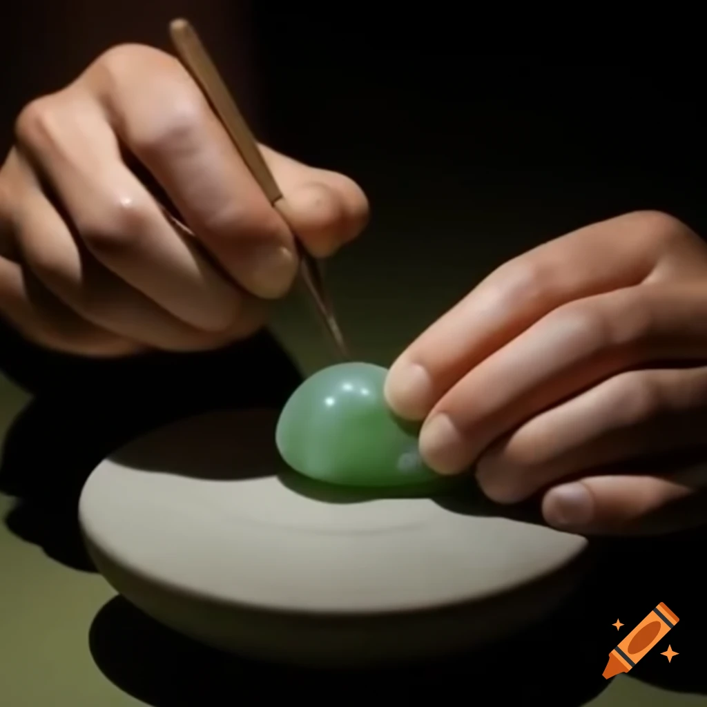 Historically accurate depiction of Chinese craftsmen creating jade artifact in Neolithic China