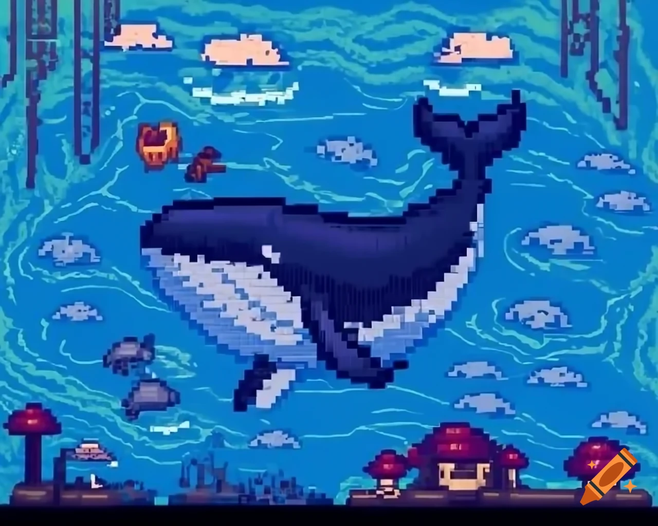 Pixel art of whale swimming among skulls and mushroom houses