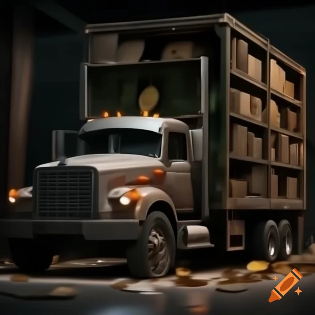 Realistic truck transporting neatly arranged Bitcoin miners on a flat sheet