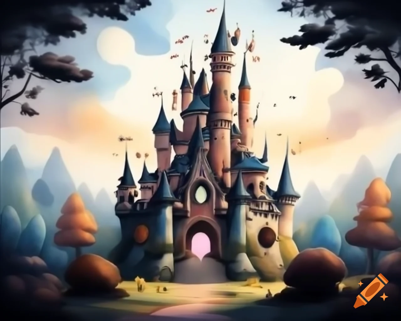 Watercolor fairy castle in black and gold storybook style