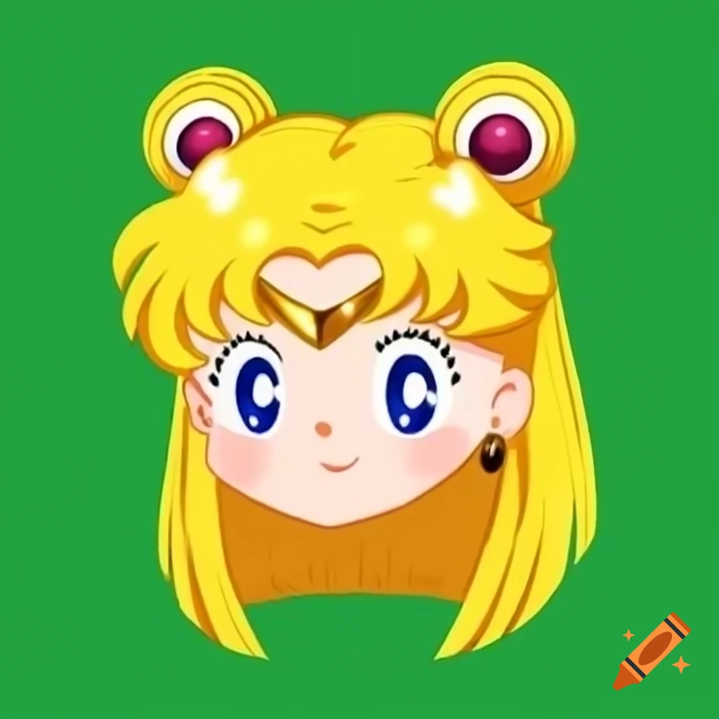 Sailor Moon face emoji in cartoonish anime style with green background