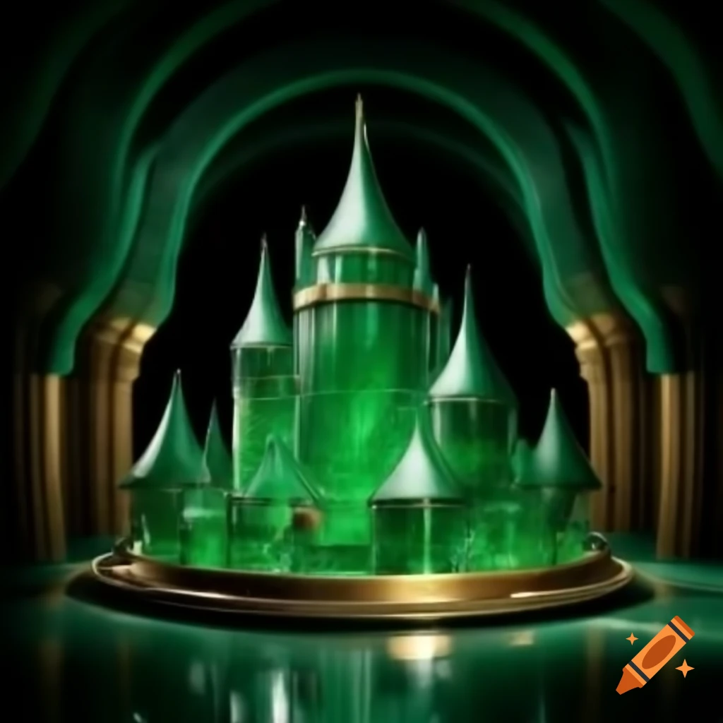 Decorative glass pieces shaped like castles in green and gold