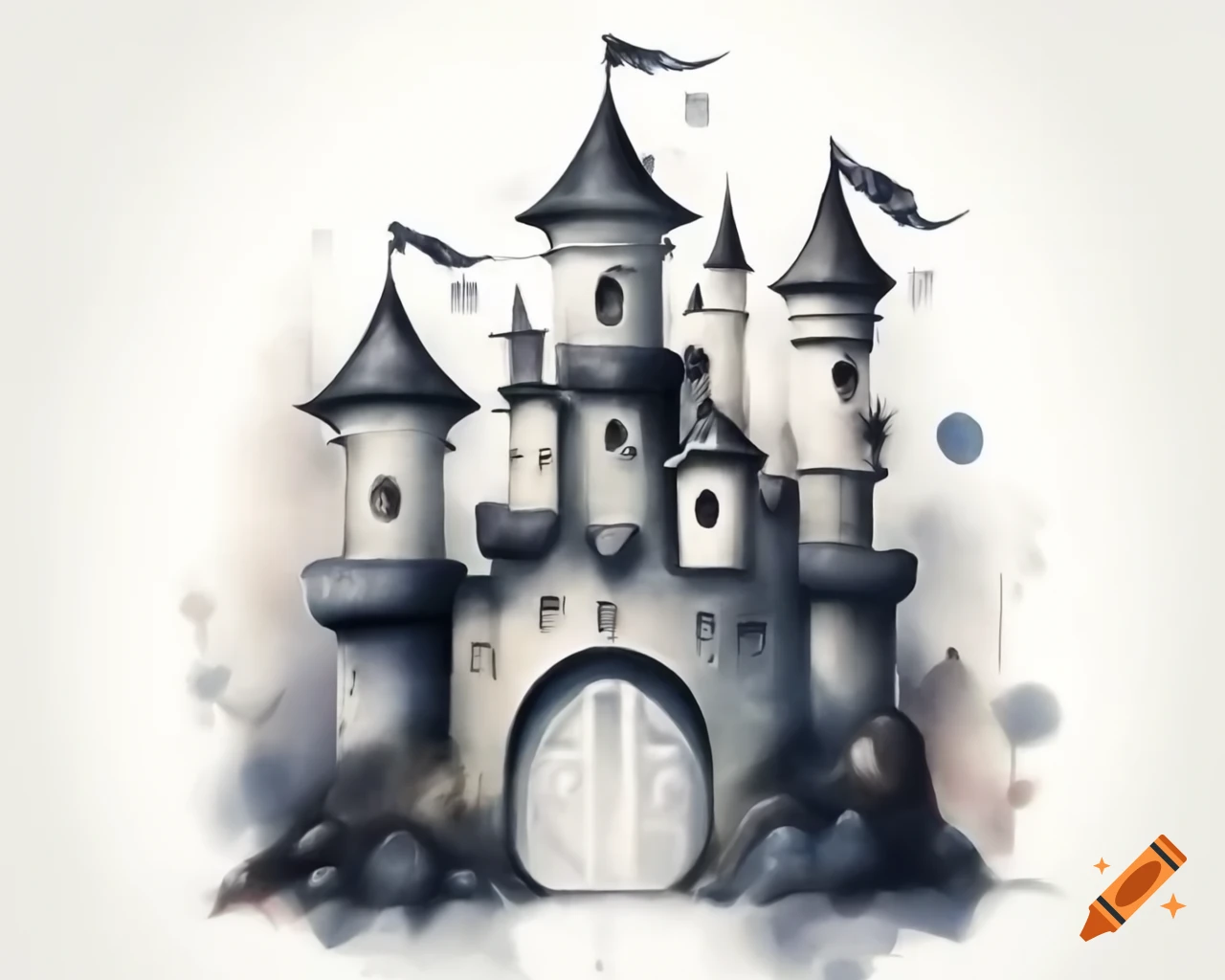 Watercolor fairy castle in black and silver storybook style
